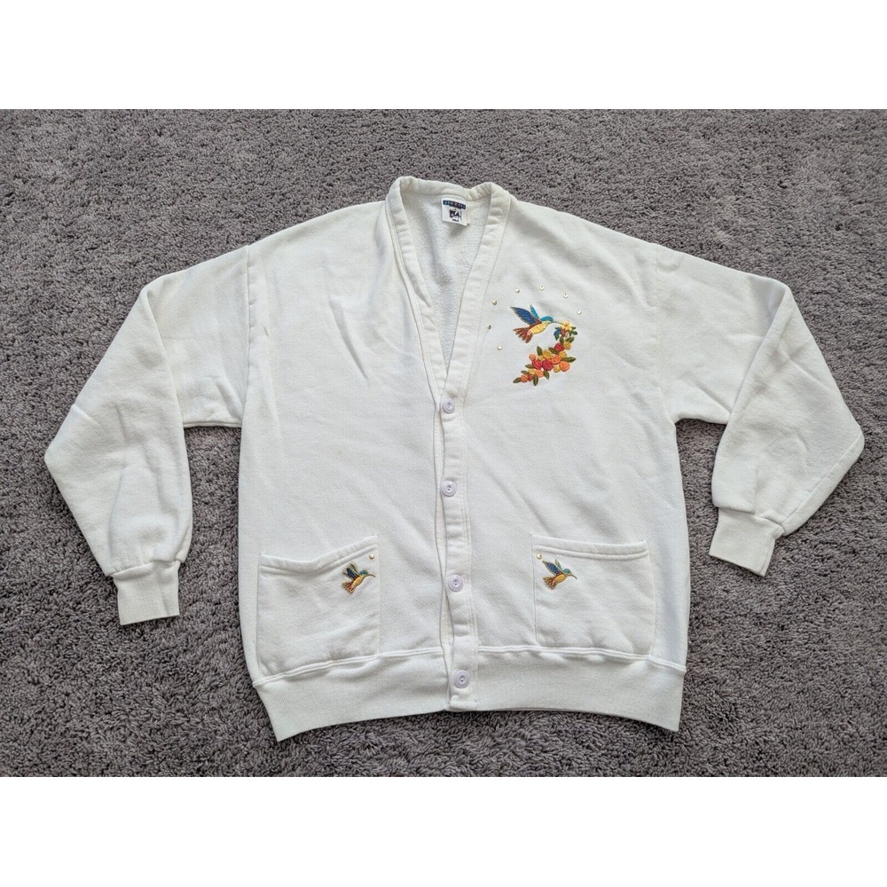 Vintage Jerzees‎ Sweater Womens Large Cardigan Bird Floral Embroidered Beaded